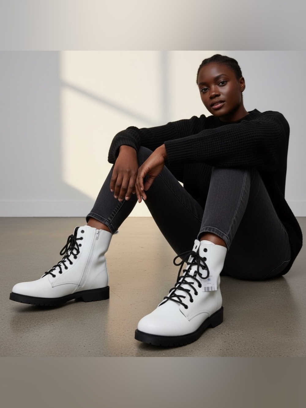 NEW White Lace-Up Combat Boots with Side Zip - Women